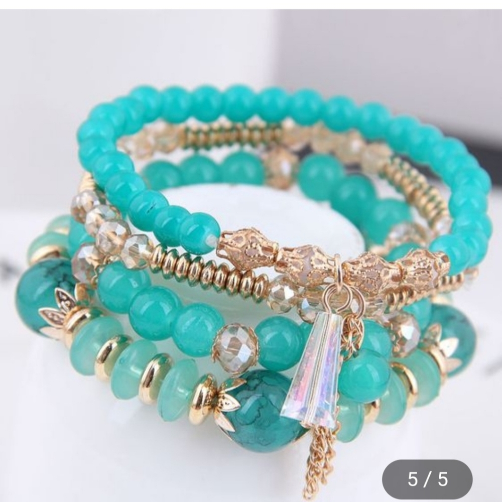 turquoise, pink, gray stone and crystal bracelet